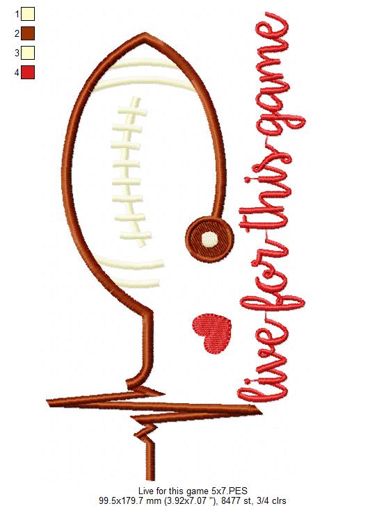 Live for This Game Football Heartbeat - Satin Stitch - Machine Embroidery Design