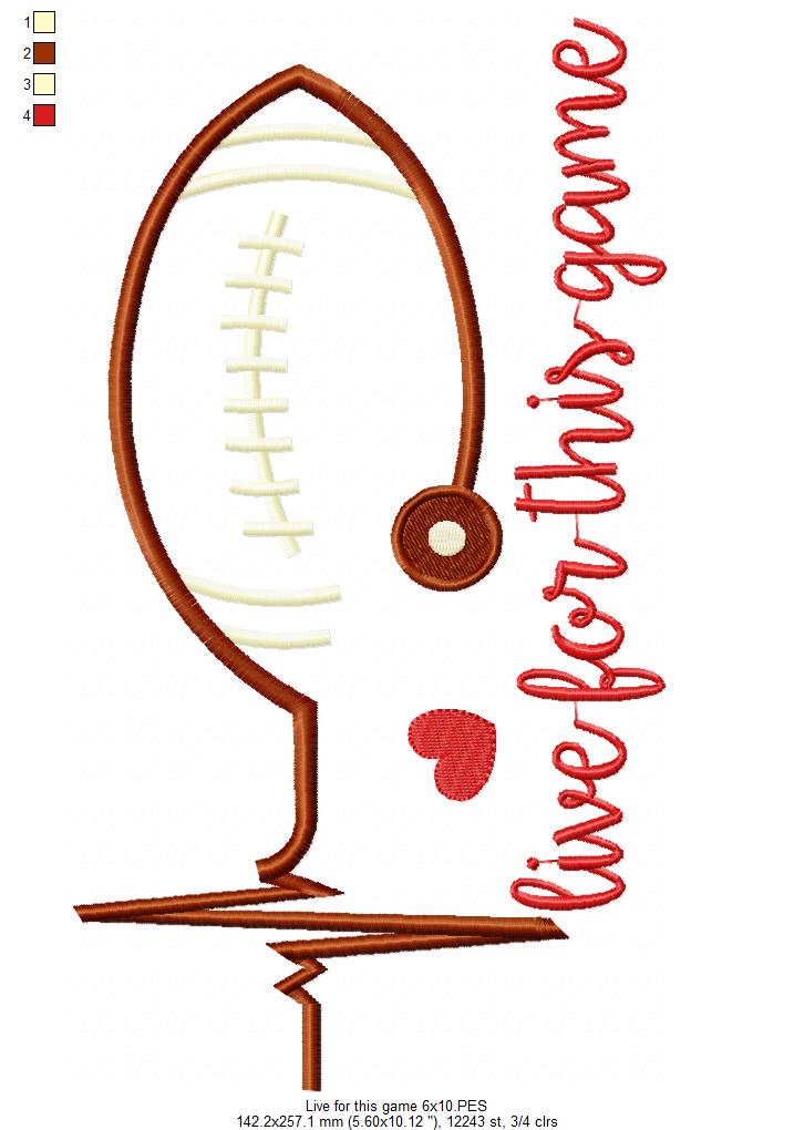 Live for This Game Football Heartbeat - Satin Stitch - Machine Embroidery Design