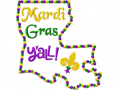 Lousiana Map Mardi Gras Y'all - Fill Stitch Embroidery