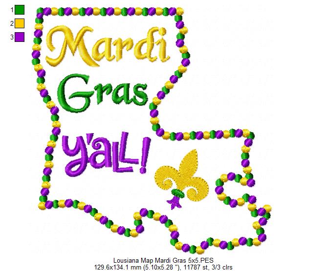 Lousiana Map Mardi Gras Y'all - Fill Stitch Embroidery