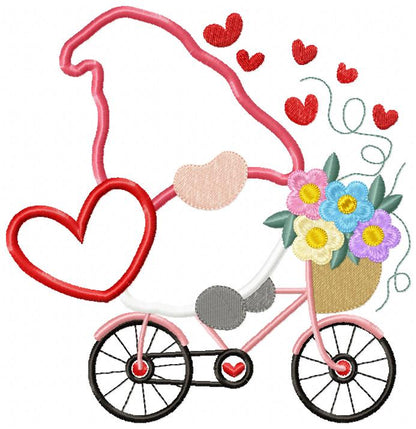 Valentines Love Gnome on Bicycle - Applique Embroidery