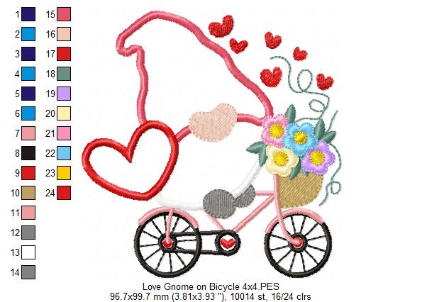 Valentines Love Gnome on Bicycle - Applique Embroidery