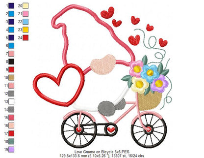 Valentines Love Gnome on Bicycle - Applique Embroidery