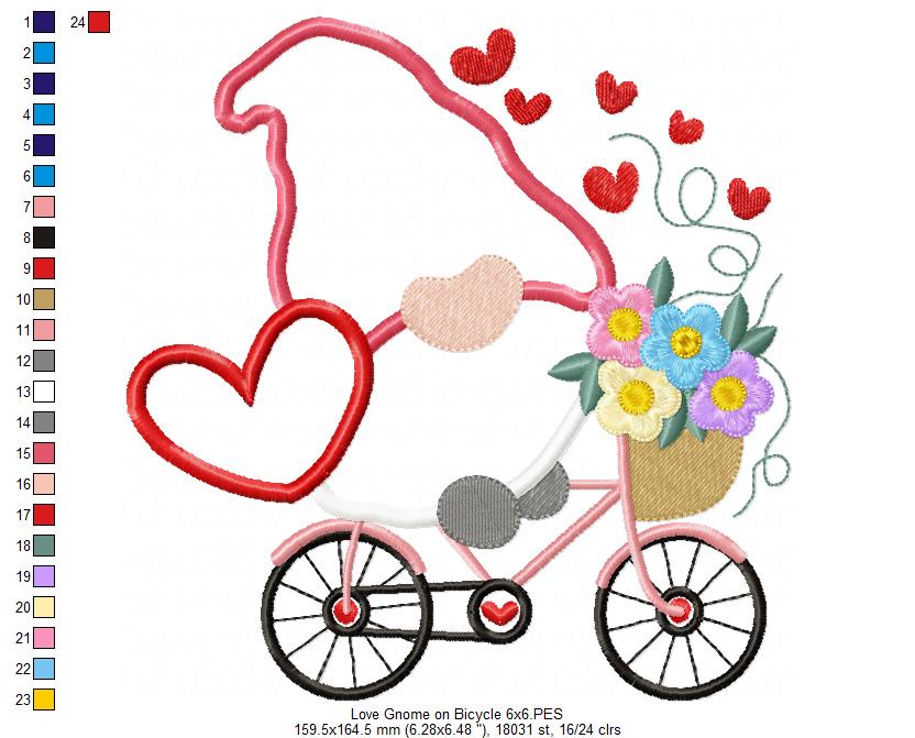 Valentines Love Gnome on Bicycle - Applique Embroidery