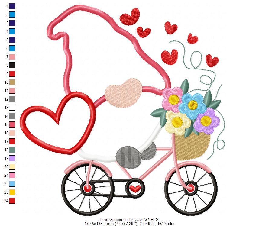 Valentines Love Gnome on Bicycle - Applique Embroidery