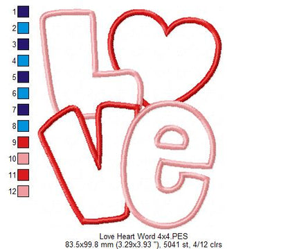 Love Heart Word  - Applique - Machine Embroidery Design