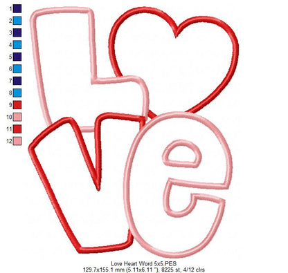 Love Heart Word  - Applique - Machine Embroidery Design