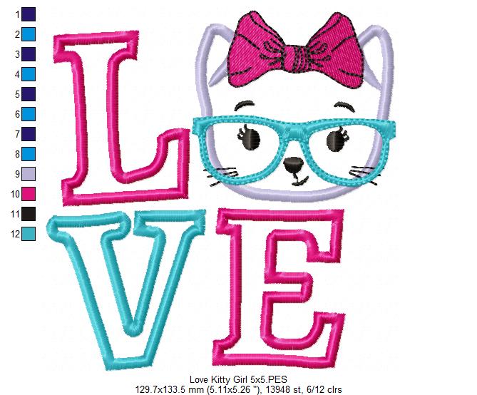 Love Kitty Girl - Appliqué - Machine Embroidery Design