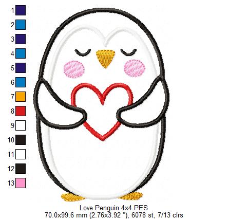 Penguin Holding a Heart - Applique - Machine Embroidery Design