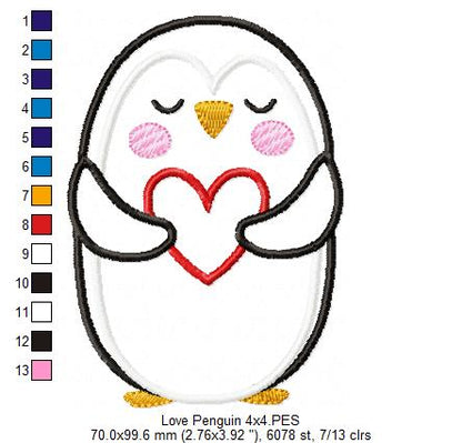 Penguin Holding a Heart - Applique - Machine Embroidery Design