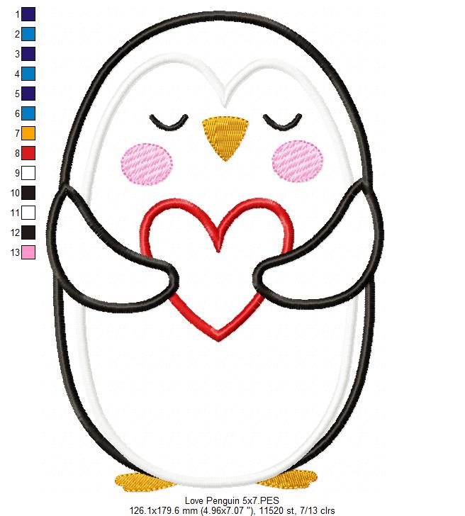 Penguin Holding a Heart - Applique - Machine Embroidery Design