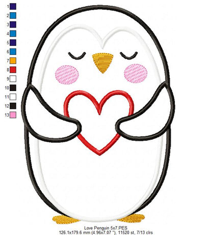 Penguin Holding a Heart - Applique - Machine Embroidery Design
