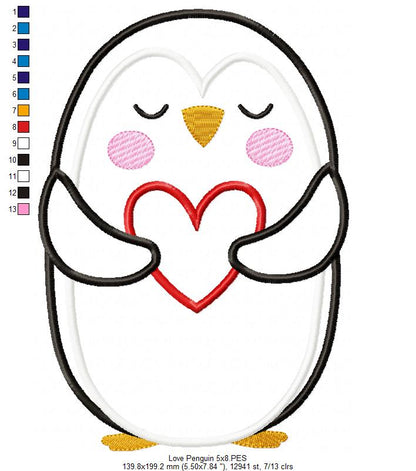 Penguin Holding a Heart - Applique - Machine Embroidery Design