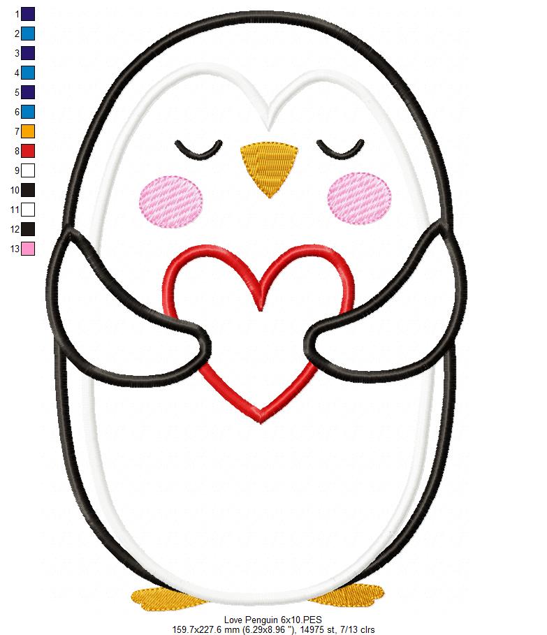 Penguin Holding a Heart - Applique - Machine Embroidery Design