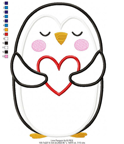 Penguin Holding a Heart - Applique - Machine Embroidery Design