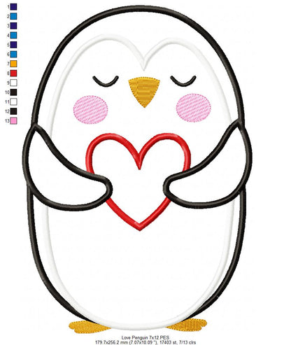 Penguin Holding a Heart - Applique - Machine Embroidery Design