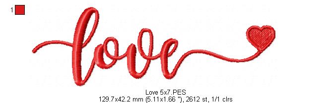 Love Script with Heart - Satin Stitch - Machine Embroidery Design