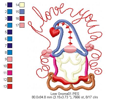 Love Gnome - Applique - Machine Embroidery Design