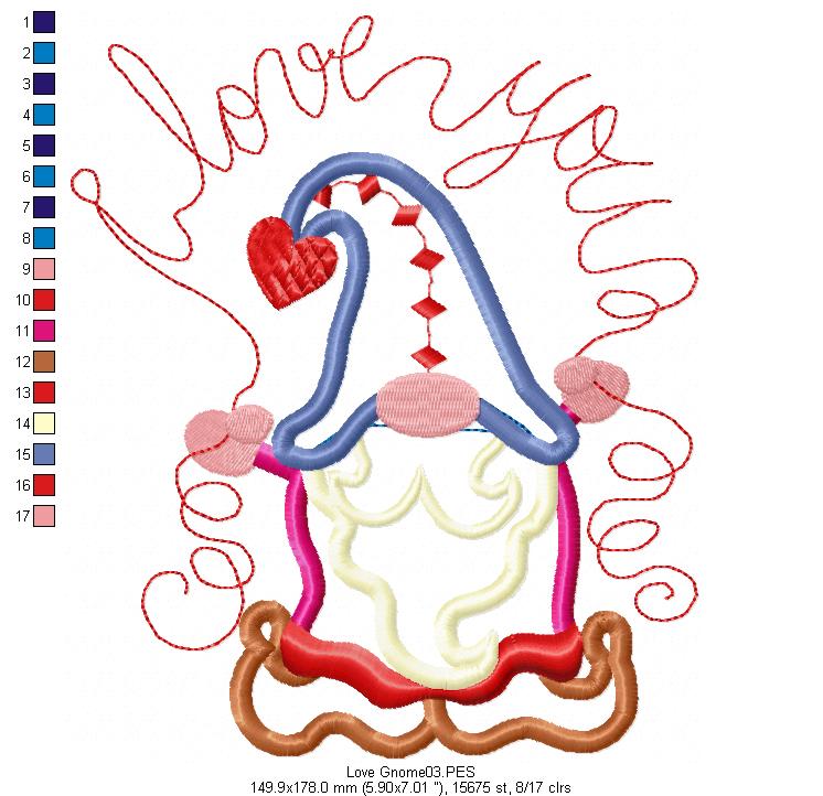 Love Gnome - Applique - Machine Embroidery Design