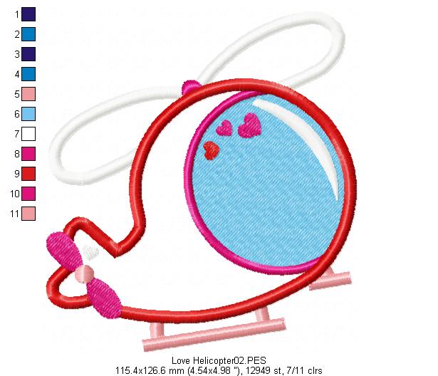 Love Helicopter - Applique - Machine Embroidery Design