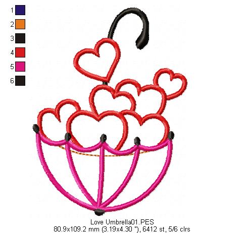 Love Umbrella  - Applique - Machine Embroidery Design