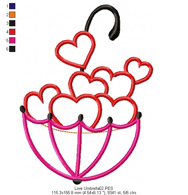 Love Umbrella  - Applique - Machine Embroidery Design