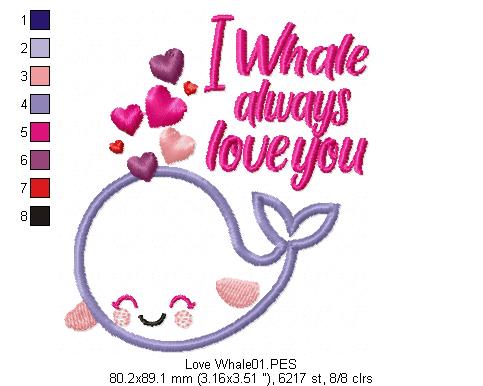 Love Whale - Applique - Machine Embroidery Design