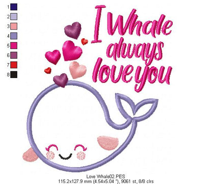 Love Whale - Applique - Machine Embroidery Design