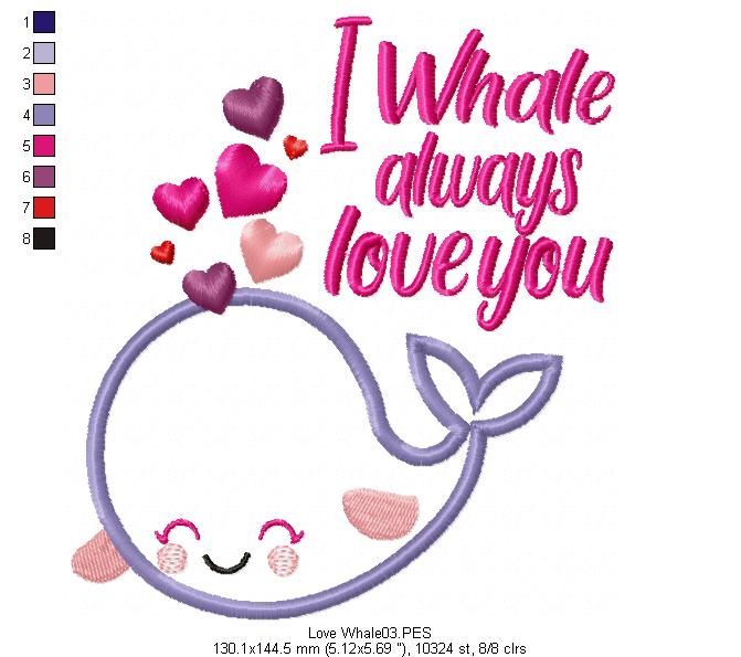 Love Whale - Applique - Machine Embroidery Design