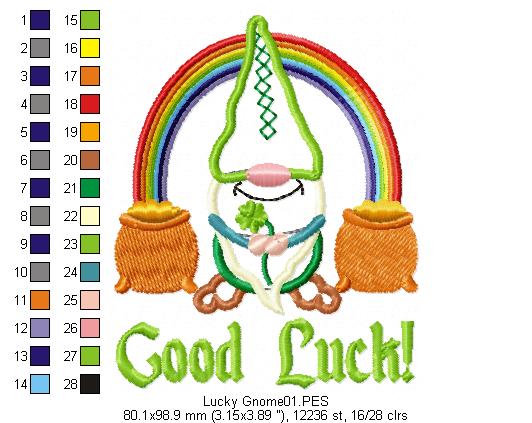 Good Luck Gnome  - Applique - Machine Embroidery Design