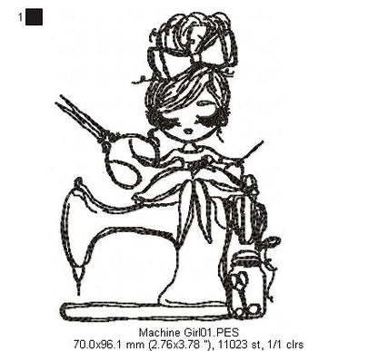 Sewing Machine Girl - Redwork