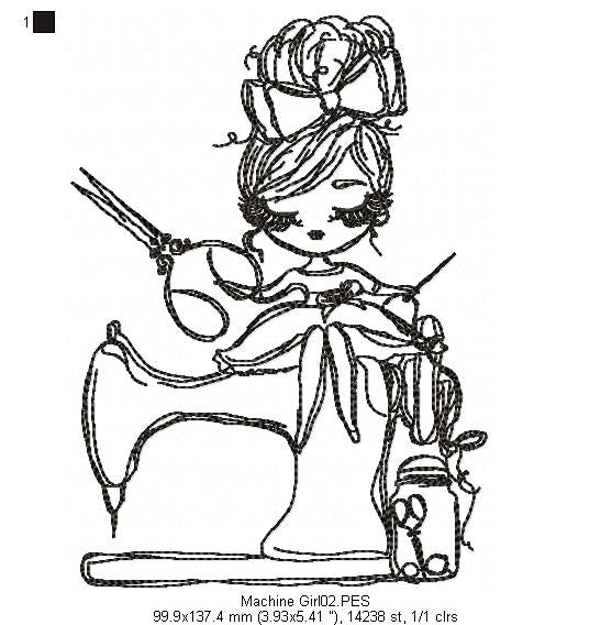 Sewing Machine Girl - Redwork