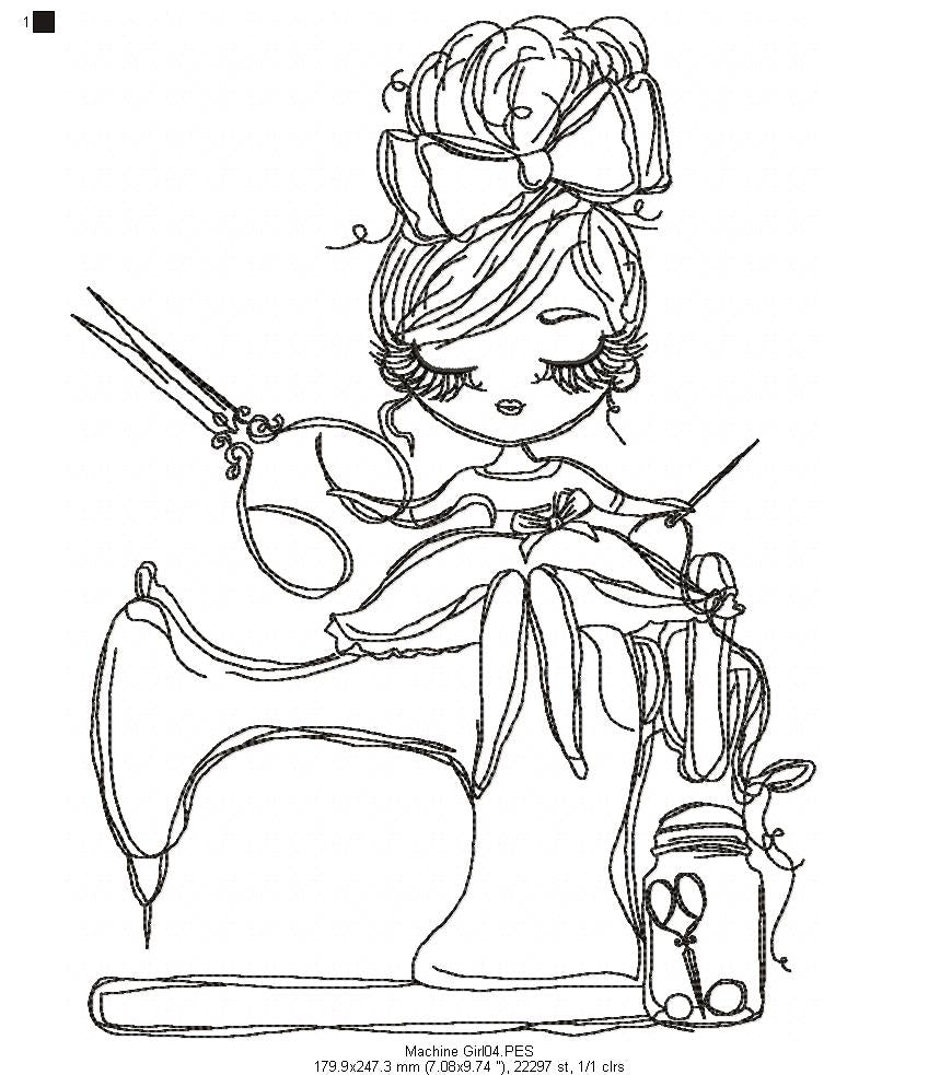 Sewing Machine Girl - Redwork