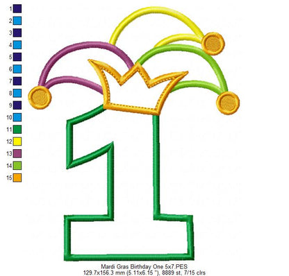 Mardi Gras Birthday Number 1 One 1st Birthday - Applique