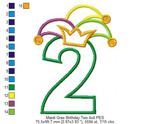 Mardi Gras Birthday Number 2 Two 2nd Birthday - Applique