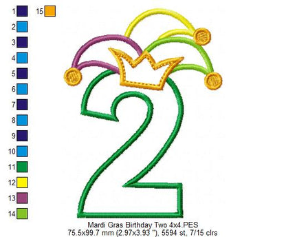 Mardi Gras Birthday Number 2 Two 2nd Birthday - Applique