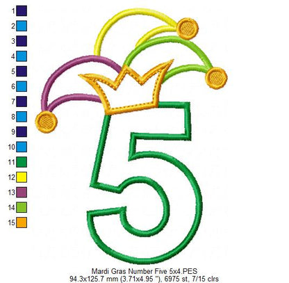 Mardi Gras Birthday Number 5 Five 5th Birthday - Applique