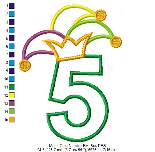 Mardi Gras Birthday Number 5 Five 5th Birthday - Applique