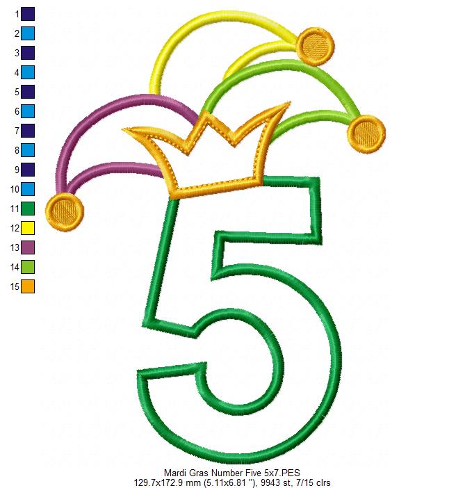 Mardi Gras Birthday Number 5 Five 5th Birthday - Applique