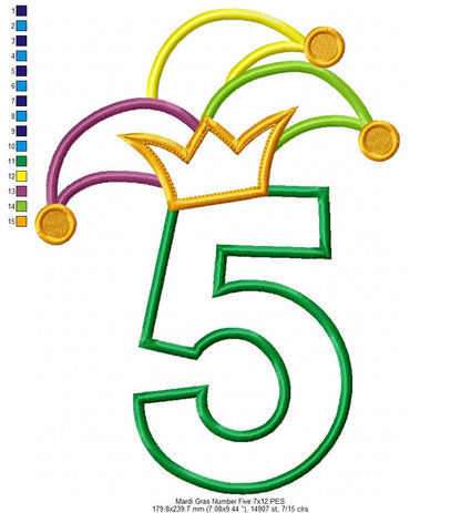 Mardi Gras Birthday Number 5 Five 5th Birthday - Applique