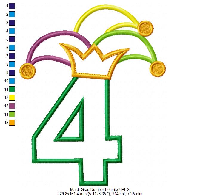 Mardi Gras Birthday Number 4 Four 4th Birthday - Applique