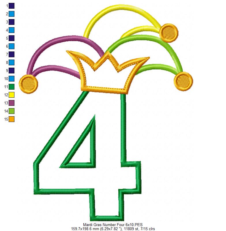 Mardi Gras Birthday Number 4 Four 4th Birthday - Applique