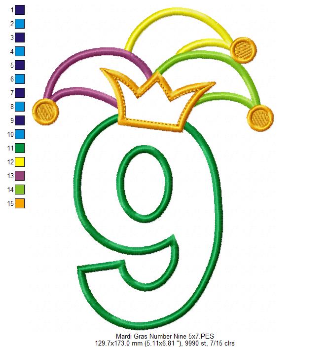 Mardi Gras Birthday Number 9 Nine 9th Birthday - Applique