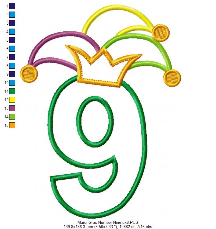 Mardi Gras Birthday Number 9 Nine 9th Birthday - Applique