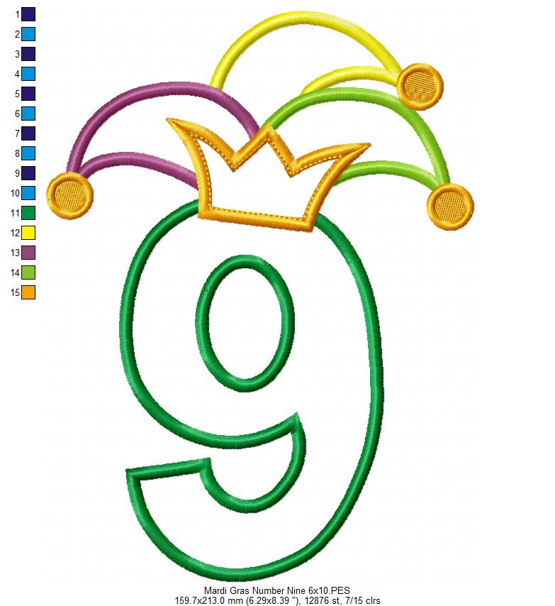 Mardi Gras Birthday Number 9 Nine 9th Birthday - Applique