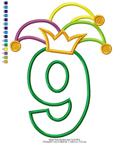 Mardi Gras Birthday Number 9 Nine 9th Birthday - Applique