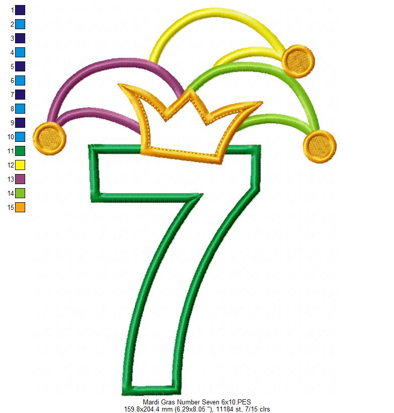 Mardi Gras Birthday Number 7 Seven 7th Birthday - Applique