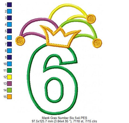 Mardi Gras Birthday Number 6 Six 6th Birthday - Applique