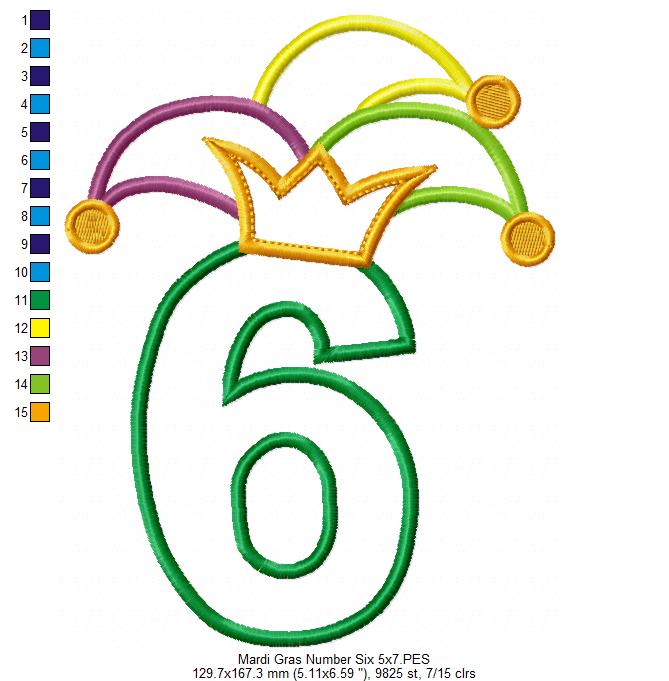Mardi Gras Birthday Number 6 Six 6th Birthday - Applique