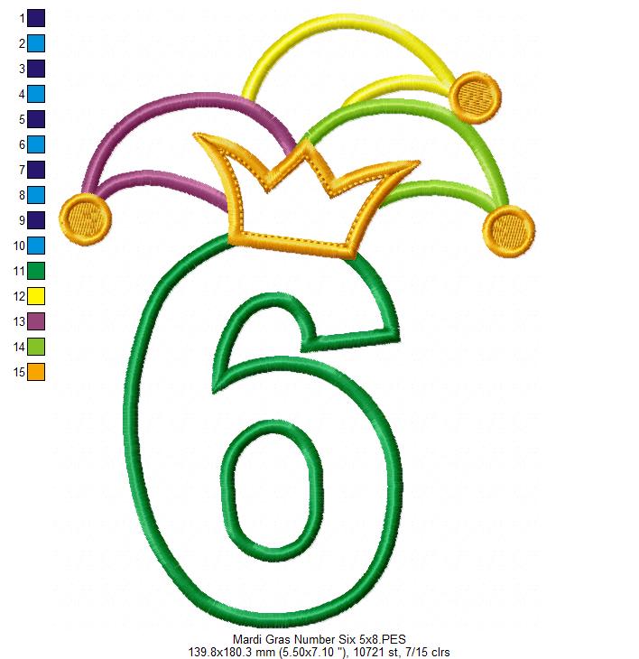 Mardi Gras Birthday Number 6 Six 6th Birthday - Applique